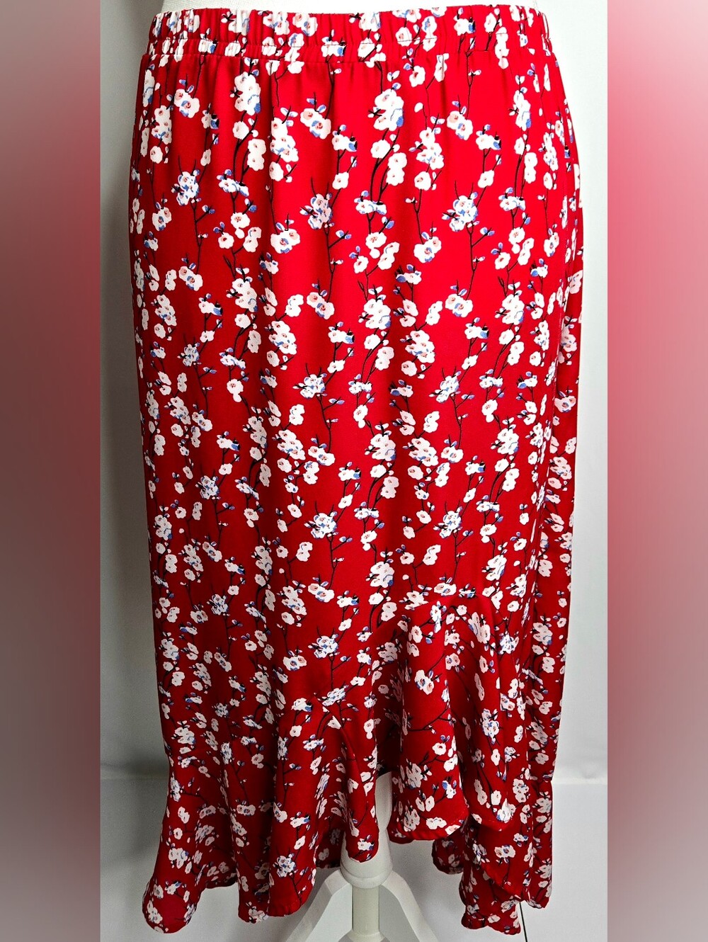 Max Studio Red Japanese Inspired Spring Blossom Floral Ruffle Skirt NWOT L